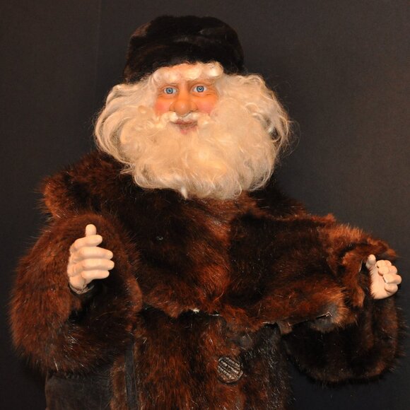 Old World Woodland Santa Handmade Upcycled Leather Beaver Fur Coat 26" Tall - Picture 4 of 10